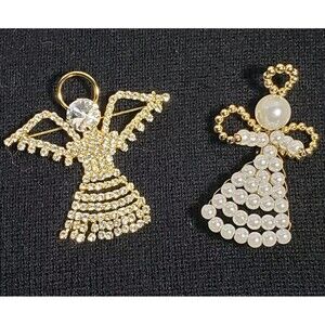 2 Vintage Angel Brooch Pins Gold Tone Clear Rhinestones Faux Plus Pearl Angel